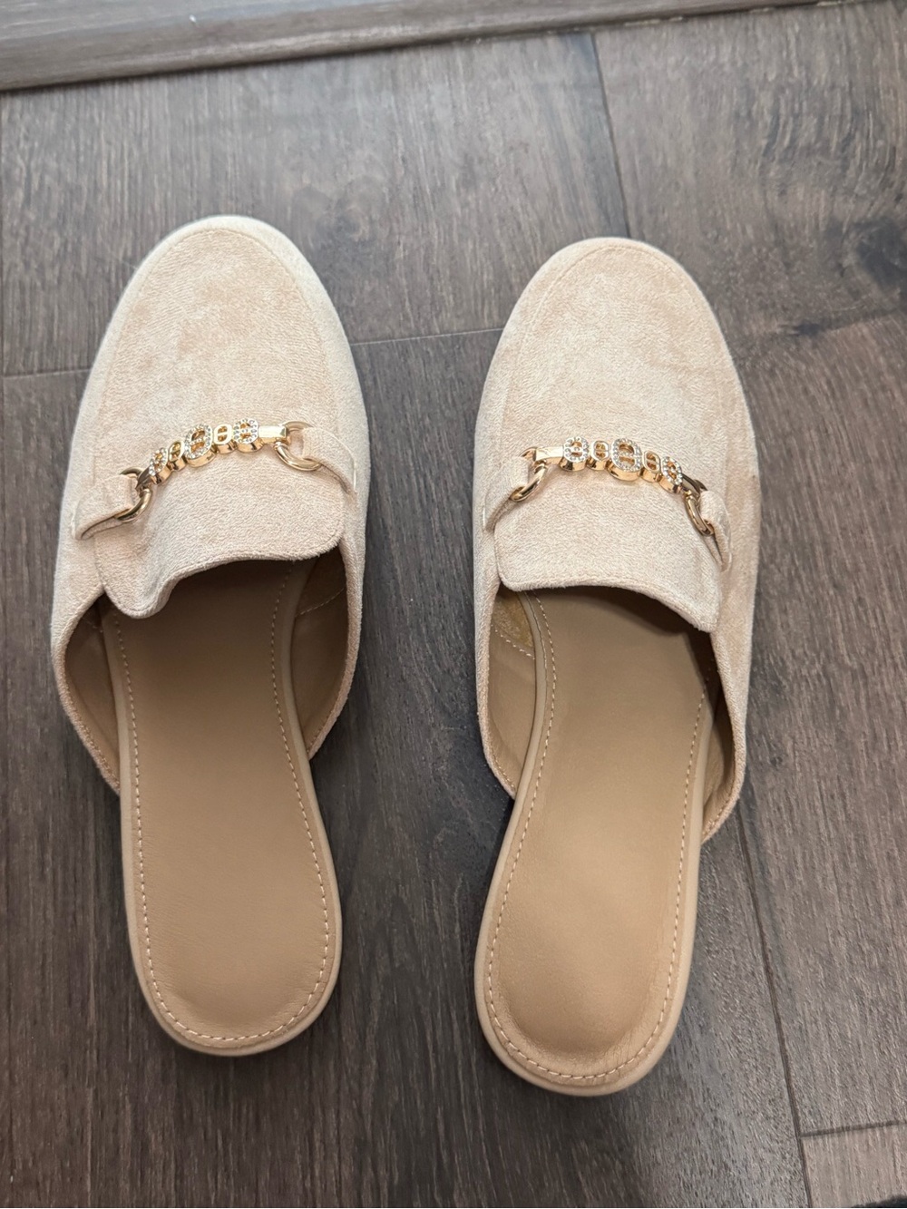 Beige Suede Slip-On Loafers with Gold Chain Accent